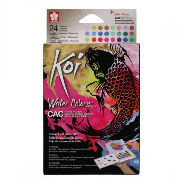 Koi akvarel pocketbox, 24 metallic, flourescerende og pearlescent farver + pensel
